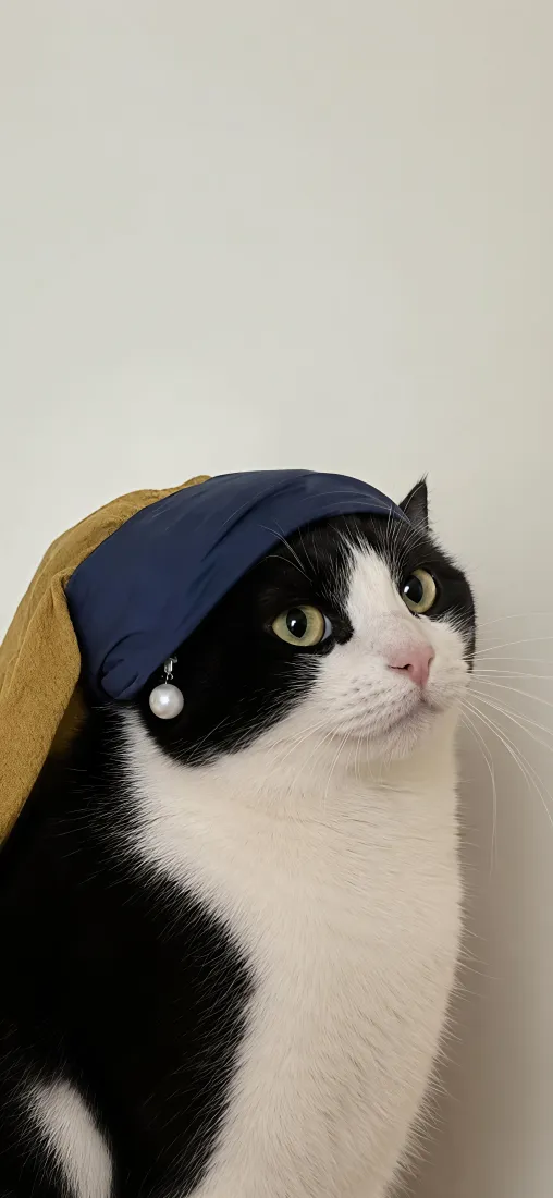奶牛猫手机壁纸｜名画模仿趣味背景图片 - 戴珍珠耳环的少猫「哲风壁纸」