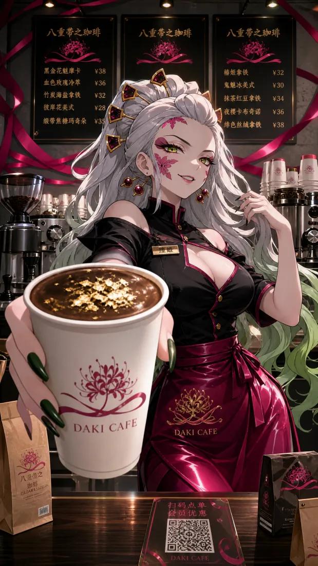 堕姬同人手机壁纸｜咖啡店背景图片 - 制服银发咖啡师少女「哲风壁纸」