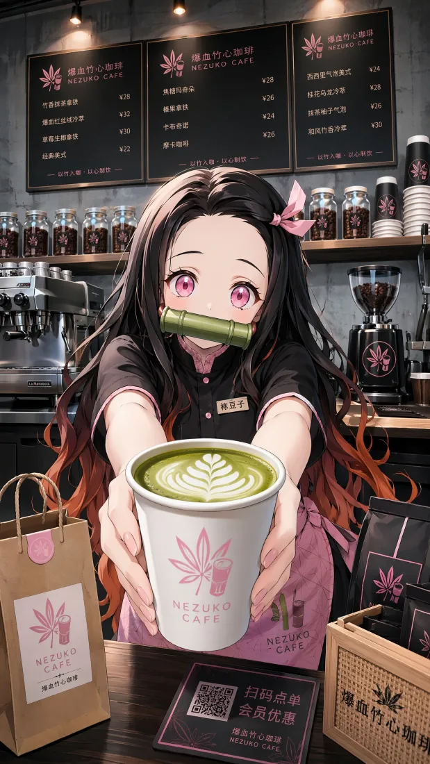祢豆子手机壁纸｜咖啡店背景图片 - 制服咖啡师二次元少女「哲风壁纸」