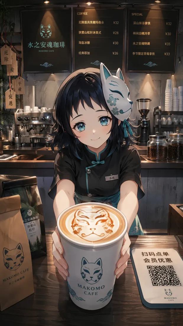 二次元咖啡师少女手机壁纸｜咖啡店背景图片 - 递拉花拿铁「哲风壁纸」