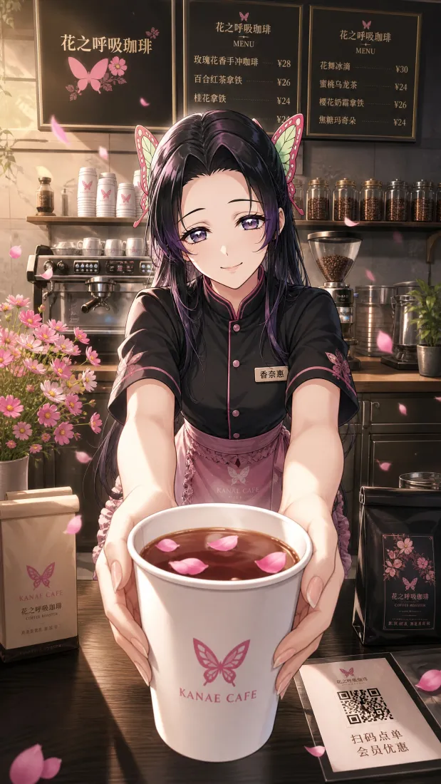 蝴蝶忍手机壁纸｜咖啡店工作背景图片 - 制服咖啡师少女「哲风壁纸」