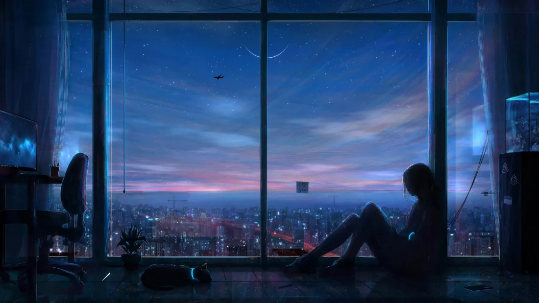 4k窗边少女剪影壁纸｜城市晚霞夜景背景图片 - 治愈氛围感插画「哲风壁纸」