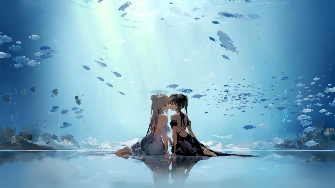4k二次元少女壁纸｜水下鱼群背景图片 - 双人少女清新画面「哲风壁纸」