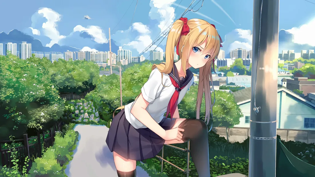 4k金发双马尾少女壁纸｜晴空城市背景图片 - 日系二次元「哲风壁纸」