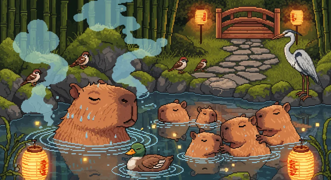 5k卡皮巴拉壁纸｜竹林温泉背景图片 - 治愈萌系像素插画「哲风壁纸」
