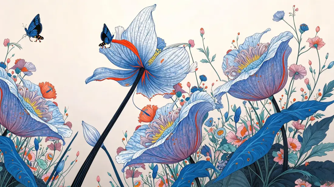 3k蓝紫花卉手绘壁纸｜清新花草背景图片 - 蝴蝶艺术插画「哲风壁纸」