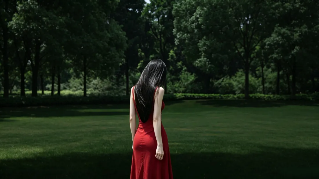 3k红裙美女壁纸｜森林草坪背景图片 - 户外氛围感少女「哲风壁纸」