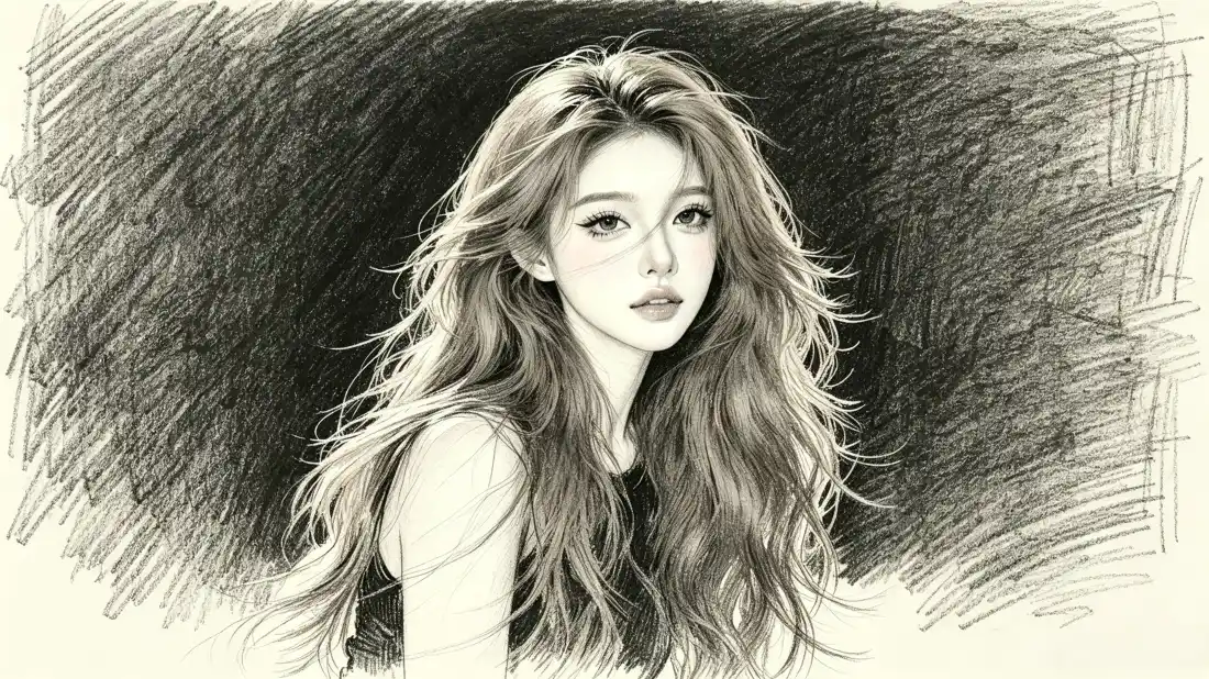 3k卷发少女壁纸｜素描手绘背景图片 - 氛围感美女「哲风壁纸」