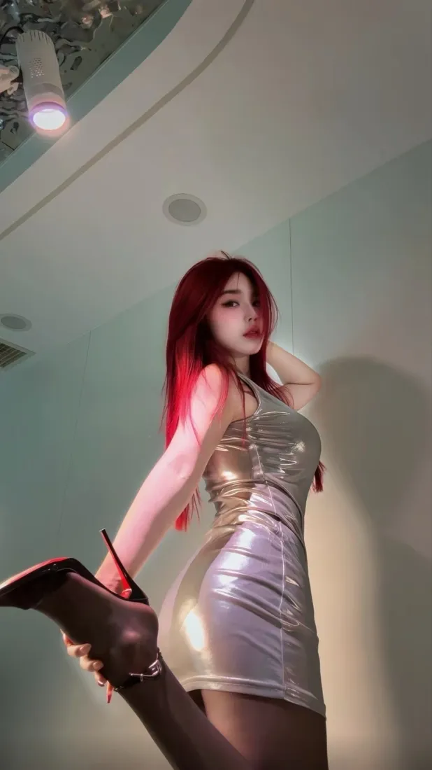 红发美女手机壁纸｜时尚穿搭室内背景图片 - 黑丝紧身短裙「哲风壁纸」