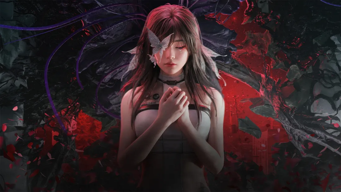 2k蝴蝶女孩壁纸｜暗黑红花背景图片 - 氛围感二次元少女「哲风壁纸」