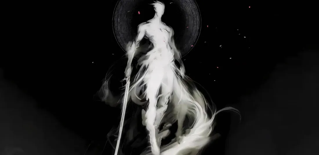 2k持剑人形壁纸｜黑白烟雾背景图片 - 水墨古风插画「哲风壁纸」