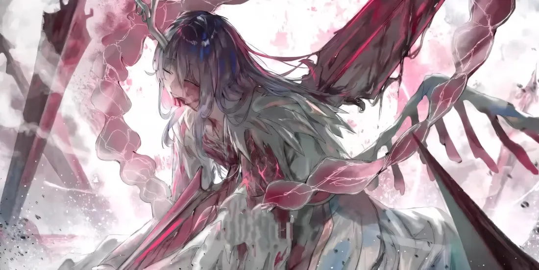 2k龙角少女壁纸｜破碎羽翼背景图片 - 战损流血银发古风插画「哲风壁纸」