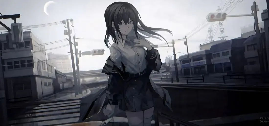 2k黑长直制服少女壁纸｜灰白城市铁道背景图片 - 二次元插画「哲风壁纸」