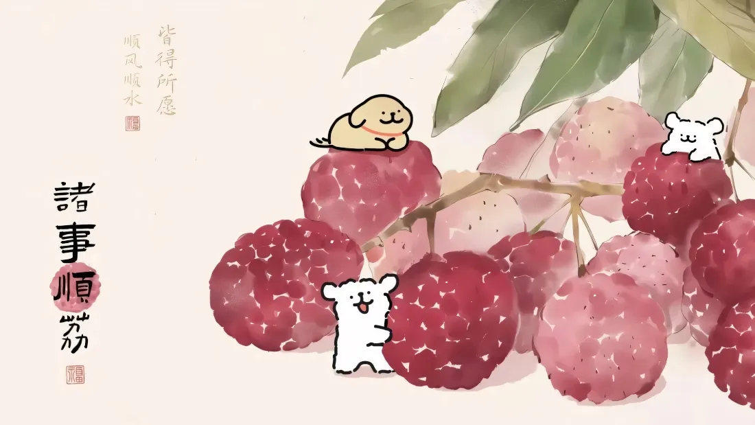 2k线条小狗荔枝壁纸｜国风手绘背景图片 - 夏日治愈诸事顺利「哲风壁纸」