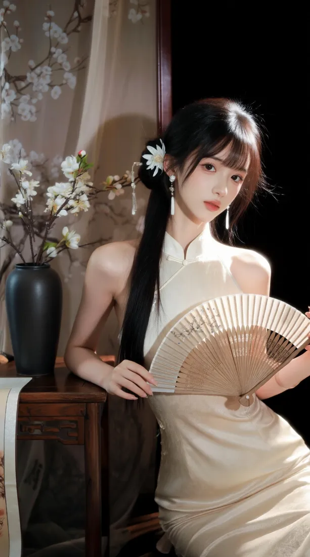 旗袍美女手机壁纸｜国风中式室内背景图片 - 手持折扇古风佳人「哲风壁纸」