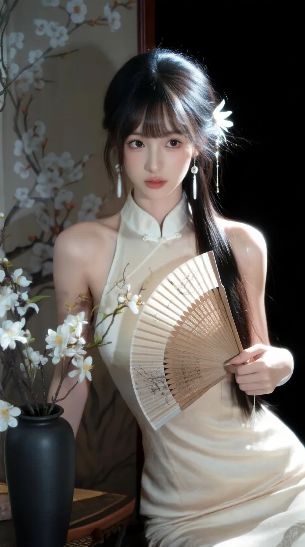 国风旗袍美女手机壁纸｜玉兰花折扇背景图片 - 中式复古写真「哲风壁纸」