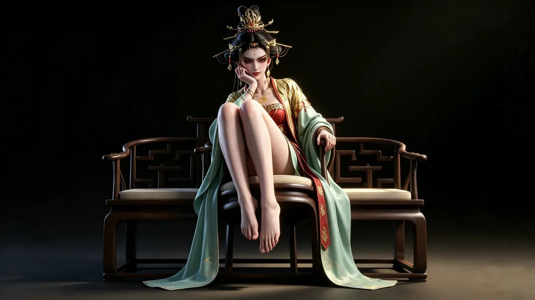 3k古风美女壁纸｜中式座椅背景图片 - 赤足长腿国风佳人「哲风壁纸」