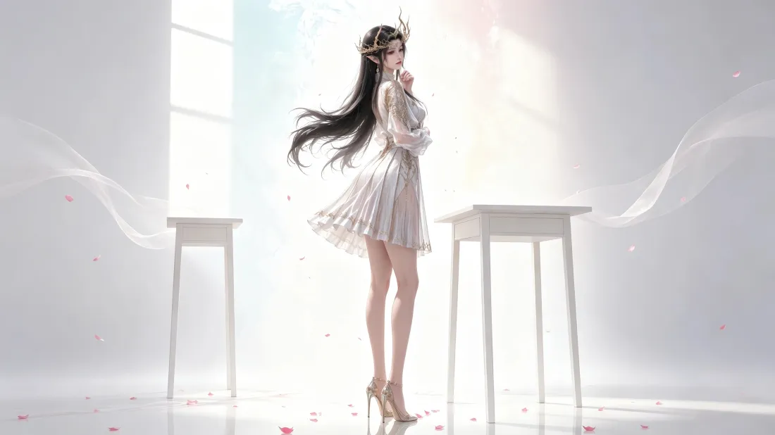 3k精灵少女壁纸｜纯白简约背景图片 - 长腿黑发美女「哲风壁纸」