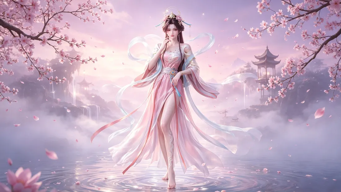 3k古风仙侠美女壁纸｜桃花仙境背景图片 - 赤足长腿「哲风壁纸」