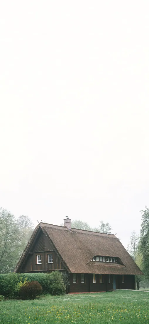 林间小屋手机壁纸｜青嫩草地背景图片 - 雾天乡野治愈风景「哲风壁纸」