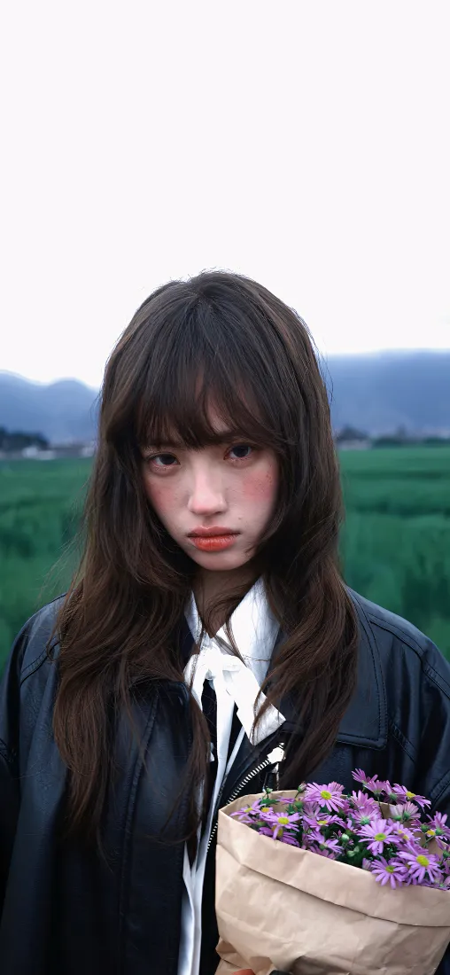 少女手机壁纸｜青草地远山背景图片 - 手持紫花束清新人像「哲风壁纸」