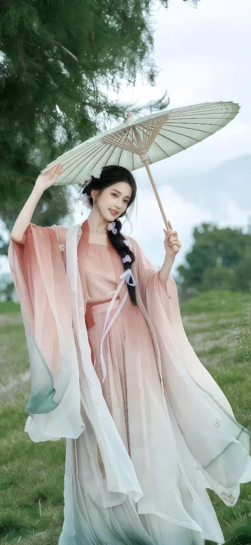 粉色汉服美女手机壁纸｜户外草地背景图片 - 手持古风油纸伞「哲风壁纸」