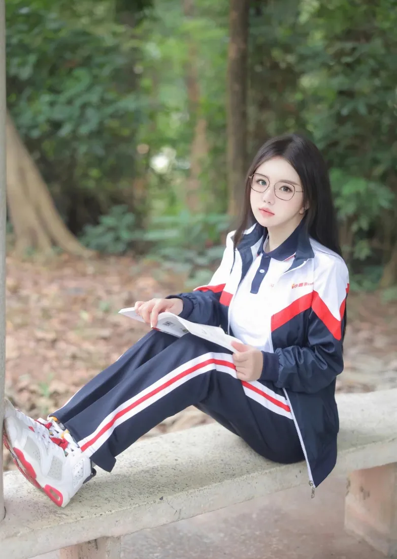 校服美女手机壁纸｜林间石阶户外背景图片 - 青春少女写真「哲风壁纸」