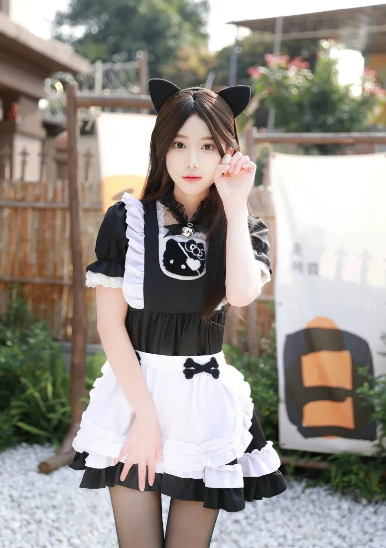猫耳女仆装美女手机壁纸｜日式庭院背景图片 - 甜美少女「哲风壁纸」