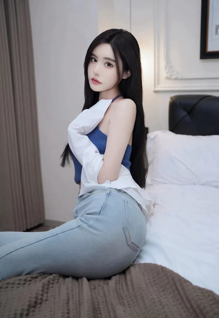黑长直性感美女手机壁纸｜居家卧室背景图片 - 浅蓝色牛仔裤穿搭「哲风壁纸」