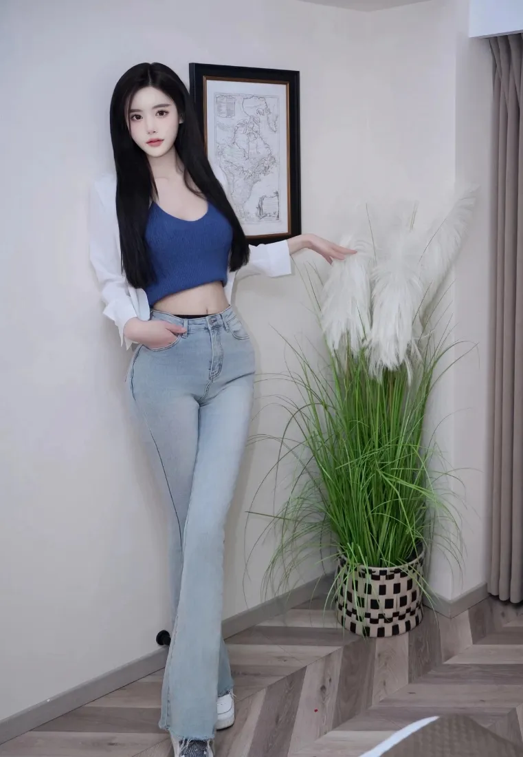 黑长直气质美女手机壁纸｜居家场景背景图片 - 牛仔裤穿搭写真「哲风壁纸」