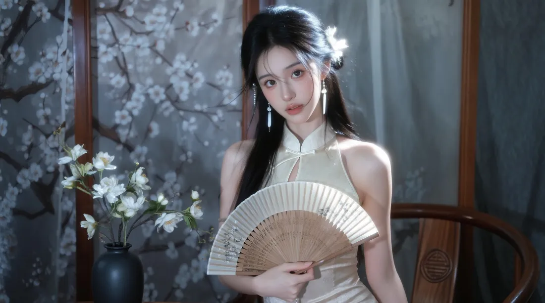 2k国风旗袍美女壁纸｜折扇白花古风背景图片 - 气质写真「哲风壁纸」