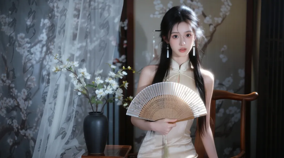 2k国风旗袍美女壁纸｜折扇中式背景图片 - 清冷氛围感人像「哲风壁纸」