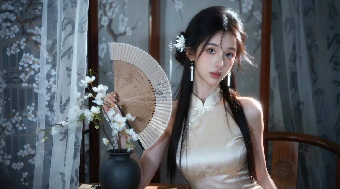 2k国风旗袍美女壁纸｜折扇古典室内背景 - 清冷感中式人像「哲风壁纸」