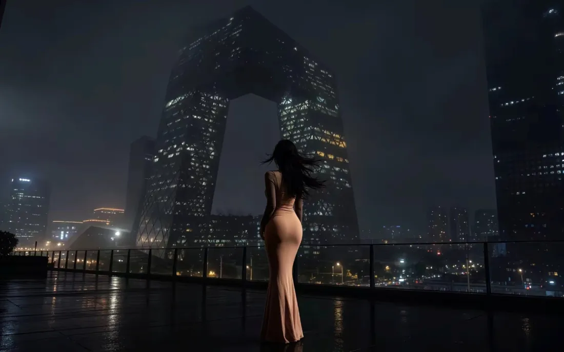 5k杭州之门壁纸｜露台美女背景图片 - 都市夜景氛围感「哲风壁纸」