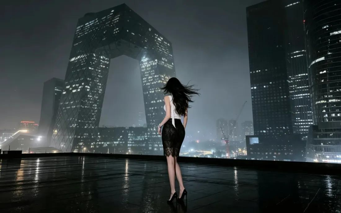 5k央视大厦美女壁纸｜雨夜城市背景图片 - 高级氛围感「哲风壁纸」