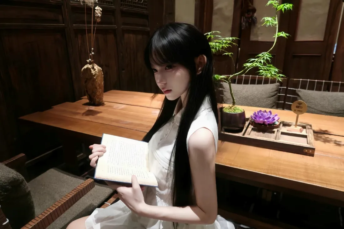 2k双一壁纸｜黑长直美女茶室背景图片 - 清冷白裙穿搭「哲风壁纸」