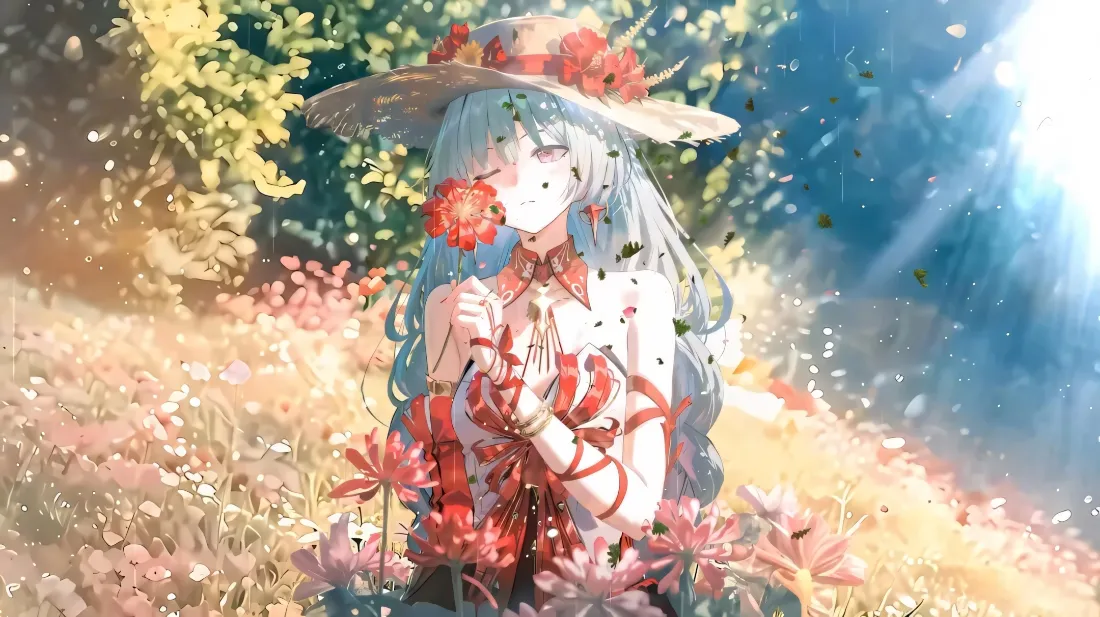 2k浅蓝长发草帽少女壁纸｜红花阳光草地背景图片 - 二次元插画「哲风壁纸」