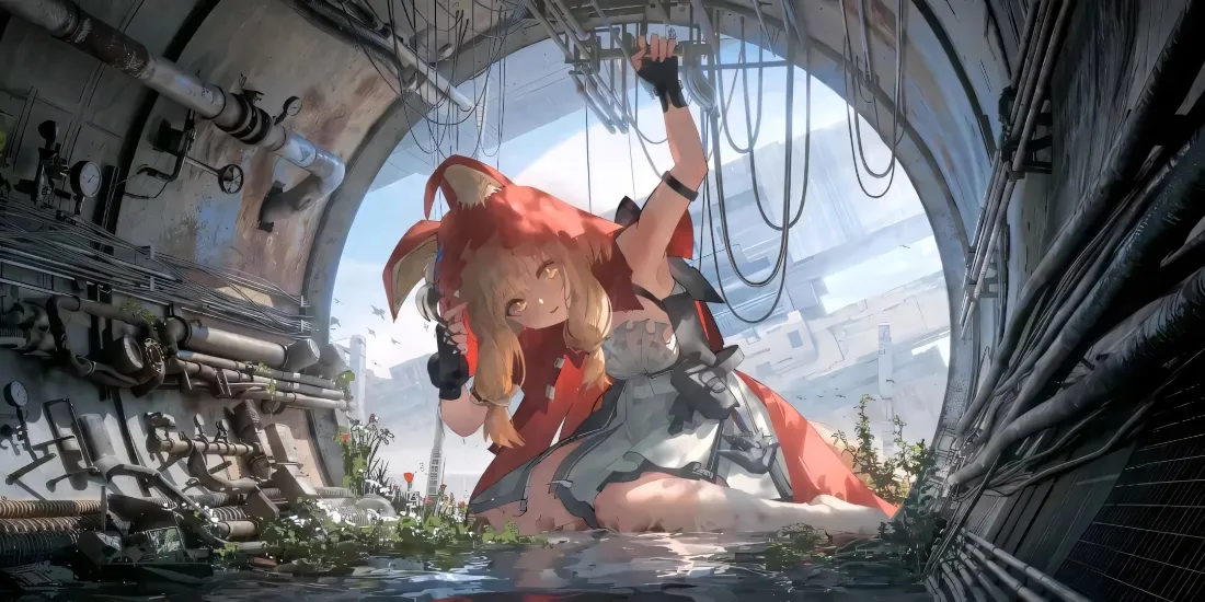 2k红狐耳少女壁纸｜废弃管道背景图片 - 二次元工业风插画「哲风壁纸」
