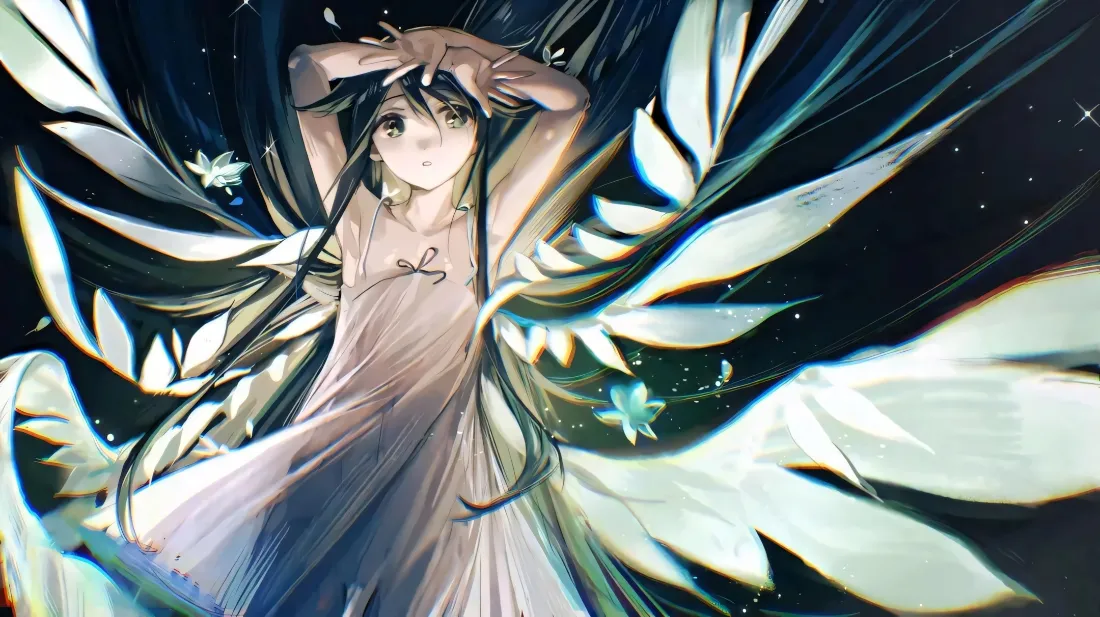 2k黑发天使少女壁纸｜星空白羽翼背景图片 - 二次元插画「哲风壁纸」