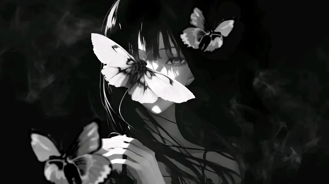 2k长发少女壁纸｜飞蛾遮面背景图片 - 黑白二次元插画「哲风壁纸」