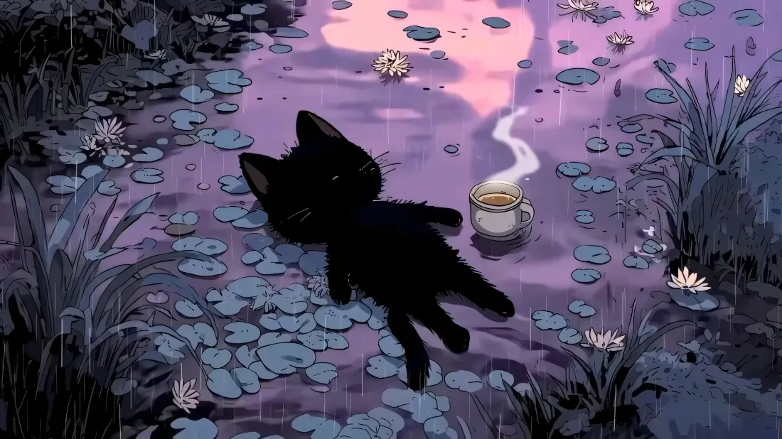 2k小黑猫壁纸｜雨夜荷塘背景图片 - 可爱治愈风动物插画「哲风壁纸」