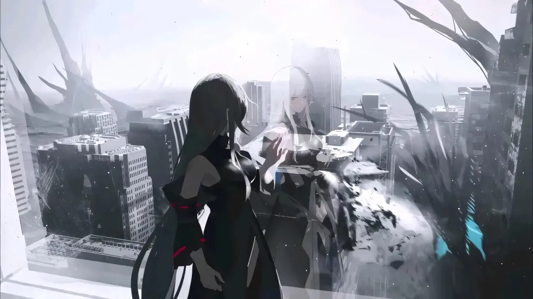 2k双生少女壁纸｜灰白城市废墟背景图片 - 二次元插画「哲风壁纸」