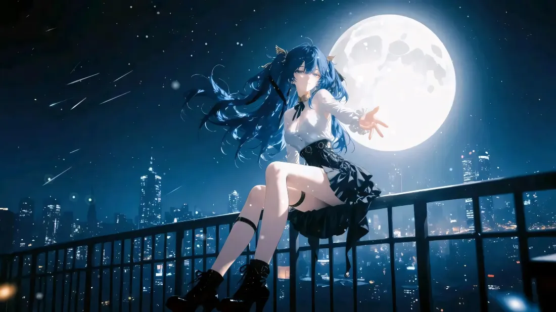 2k蓝发双马尾少女壁纸｜满月高楼背景图片 - 都市夜景「哲风壁纸」