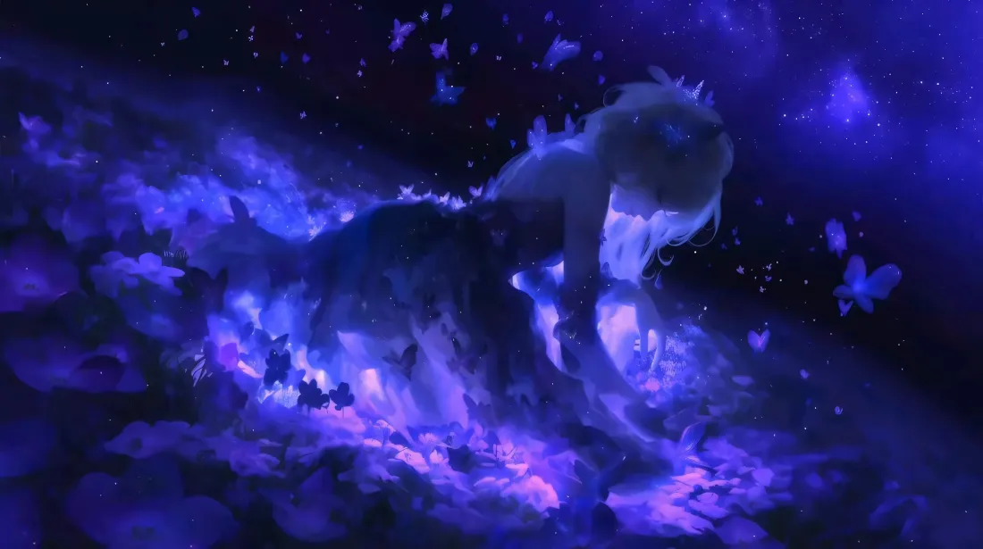 2k银发少女壁纸｜紫蝶花海背景图片 - 二次元梦幻插画「哲风壁纸」