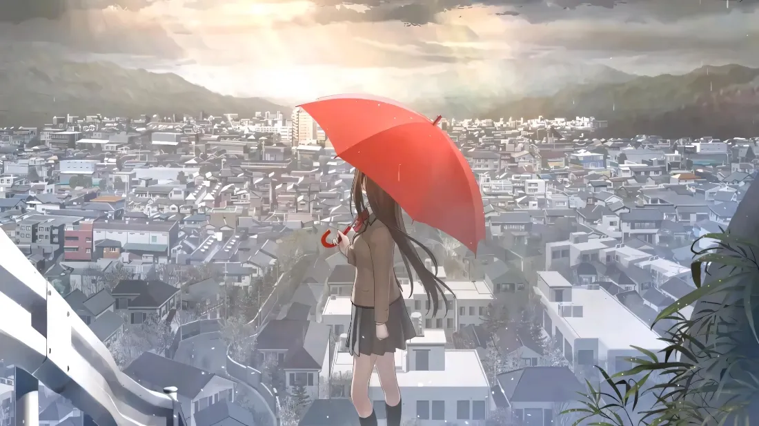 2k红发双马尾少女壁纸｜城市风景背景图片 - 红色雨伞「哲风壁纸」