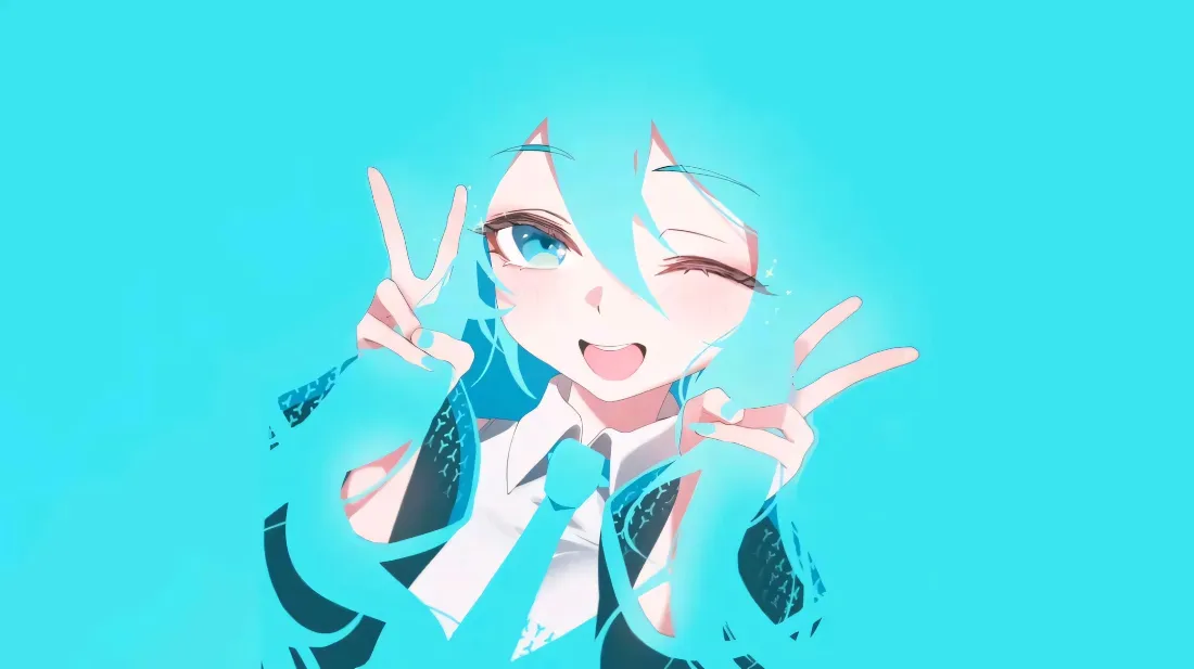 2k初音未来壁纸｜水蓝长发背景图片 - 俏皮眨眼比耶「哲风壁纸」