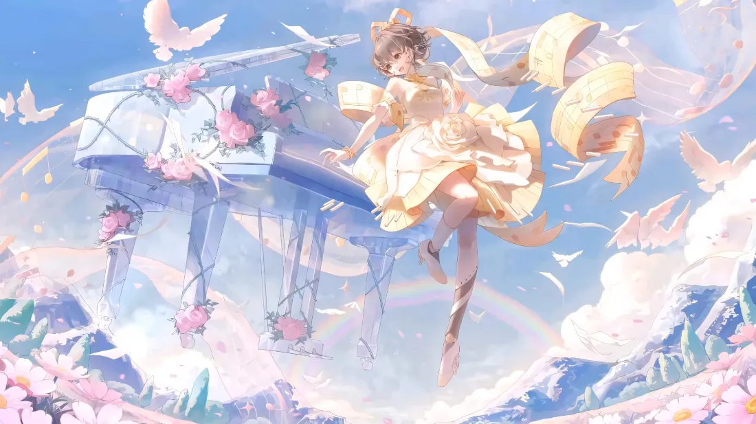 2k云端钢琴礼服少女壁纸｜梦幻天空背景图片 - 浪漫音乐场景「哲风壁纸」