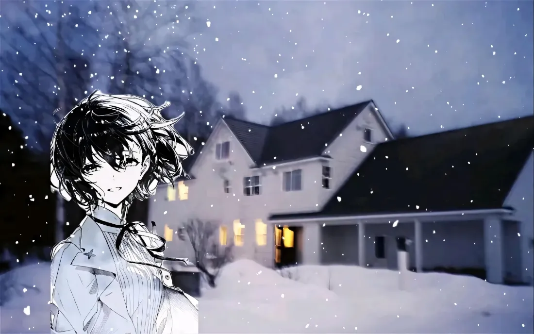 2k短发动漫人物壁纸｜飘雪别墅背景图片 - 黑白线条冬日场景「哲风壁纸」