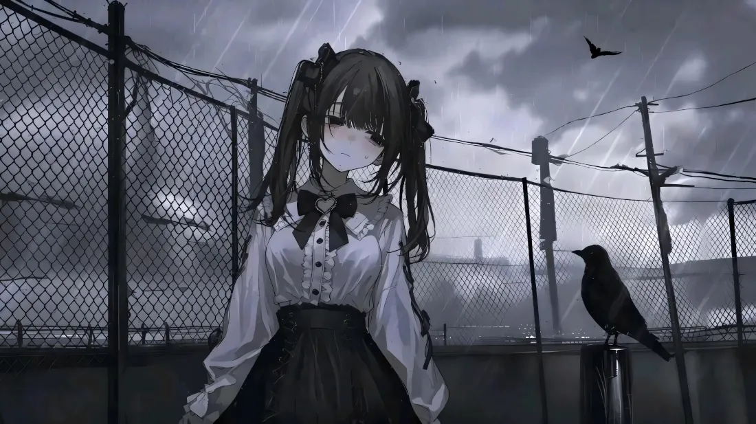 2k甜酷双马尾少女壁纸｜雨天铁丝网背景图片 - 二次元暗黑风「哲风壁纸」
