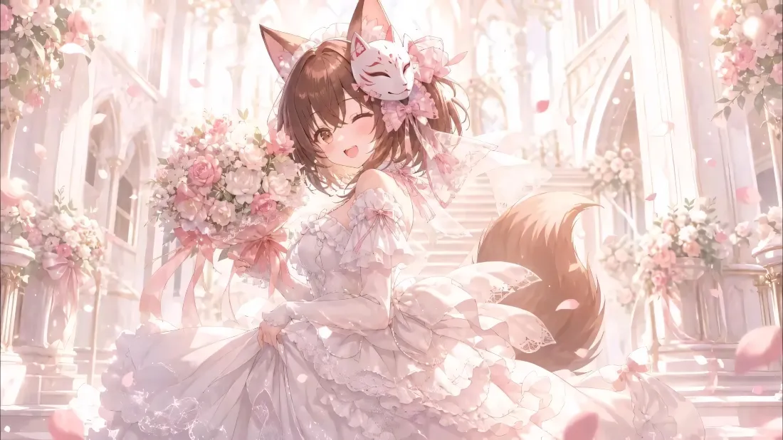 2k棕发狐耳婚纱少女壁纸｜教堂花束背景图片 - 二次元插画「哲风壁纸」